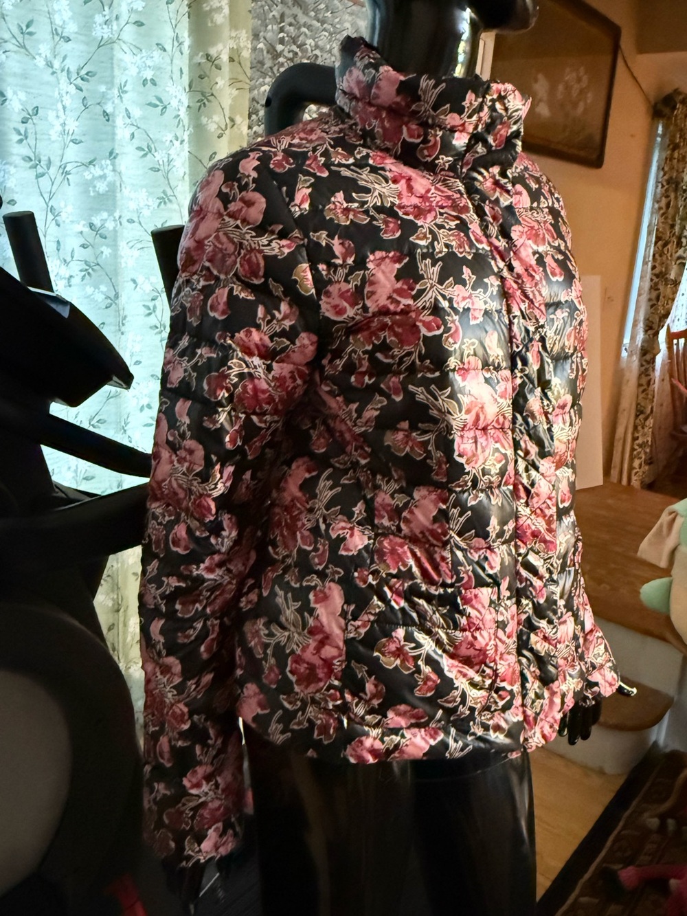 Lands' End Black Quilted Jacket with Pink Floral Print